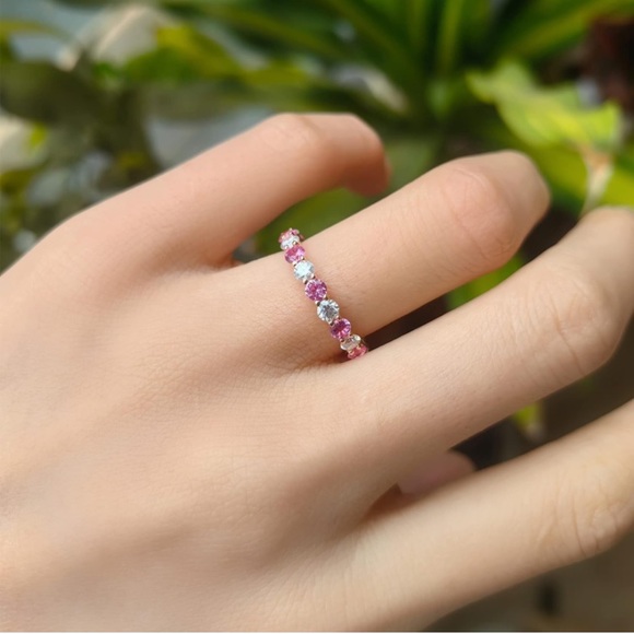 18k Diamond Pink Sapphire Eternity Ring Band - Picture 4 of 10